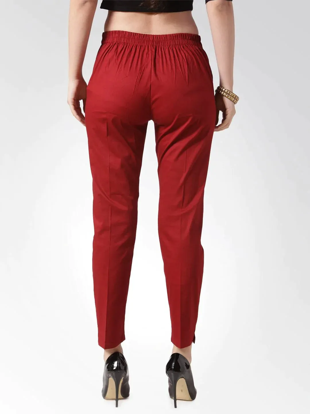 Women Maroon Smart Slim Fit Solid Regular Trousers