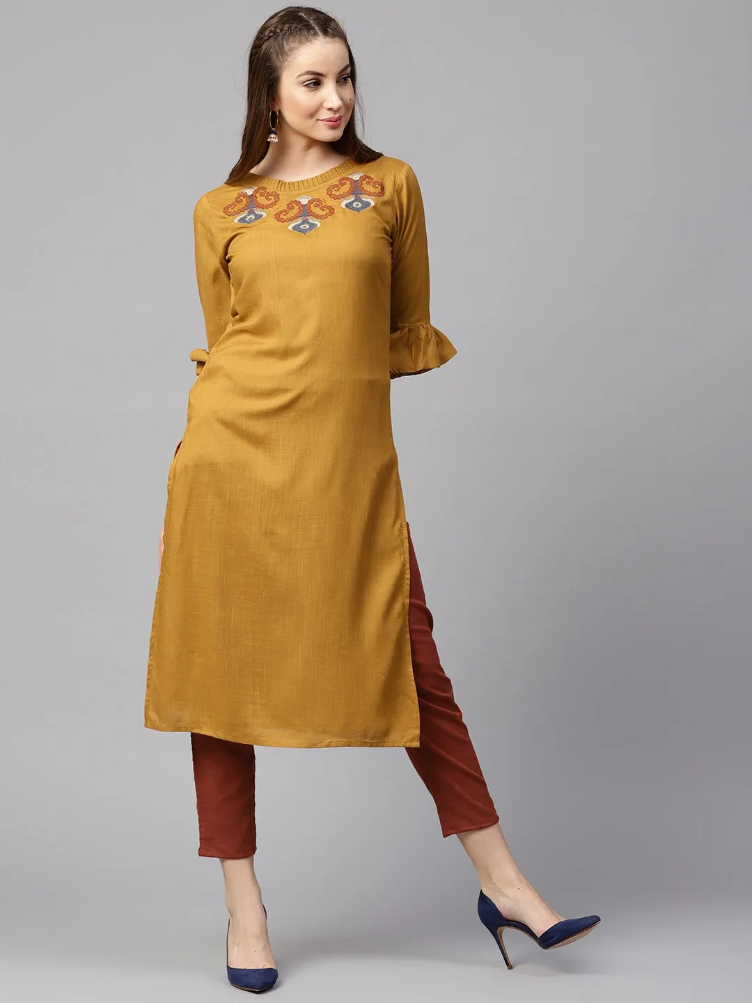 Women Mustard & Red Solid Kurta Set