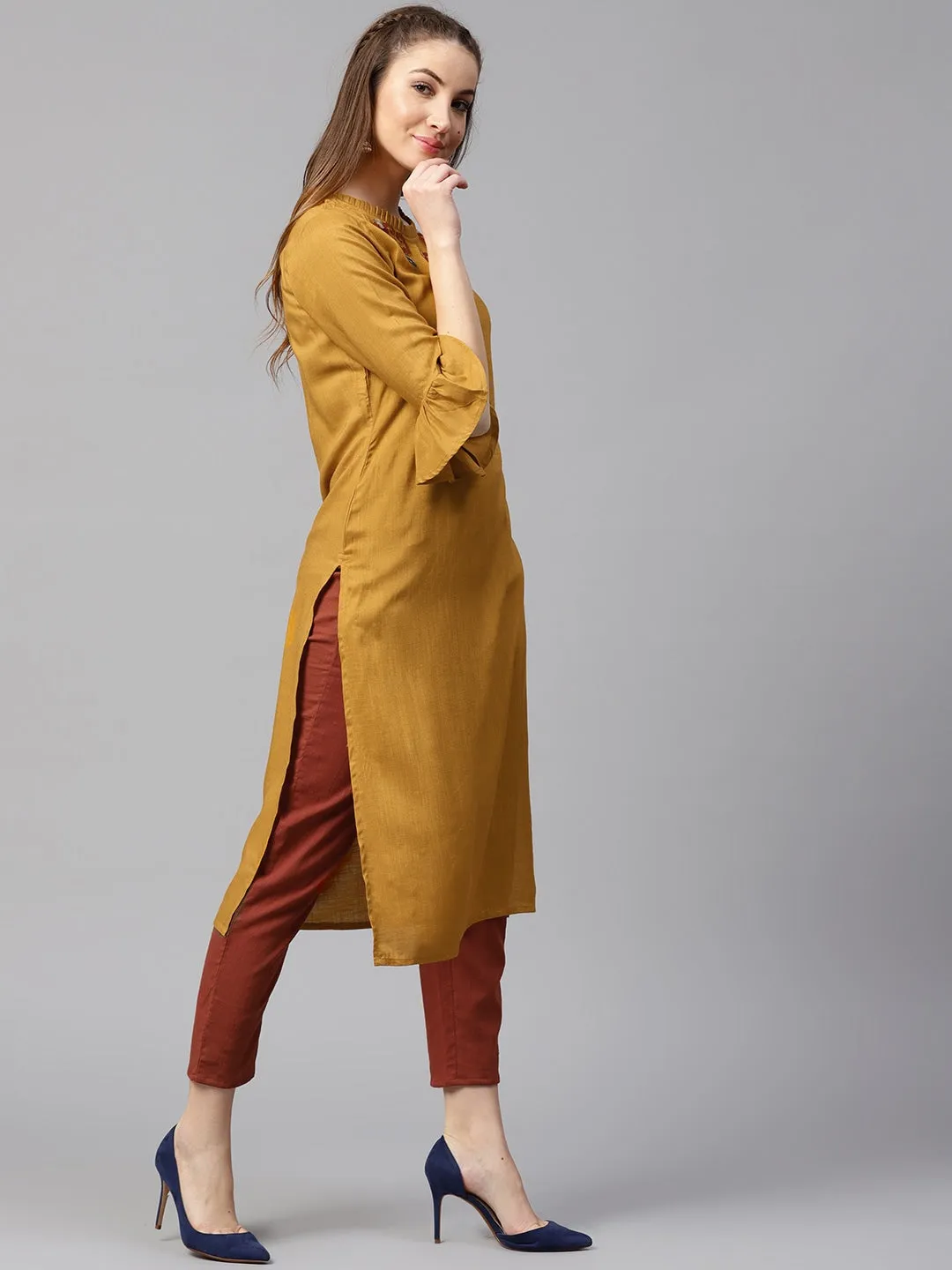 Women Mustard & Red Solid Kurta Set