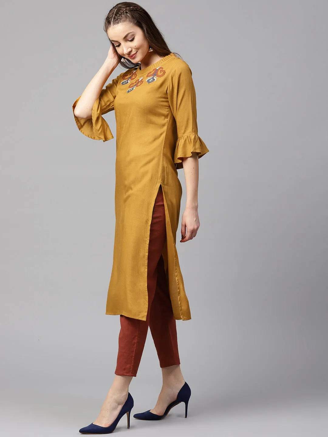 Women Mustard & Red Solid Kurta Set