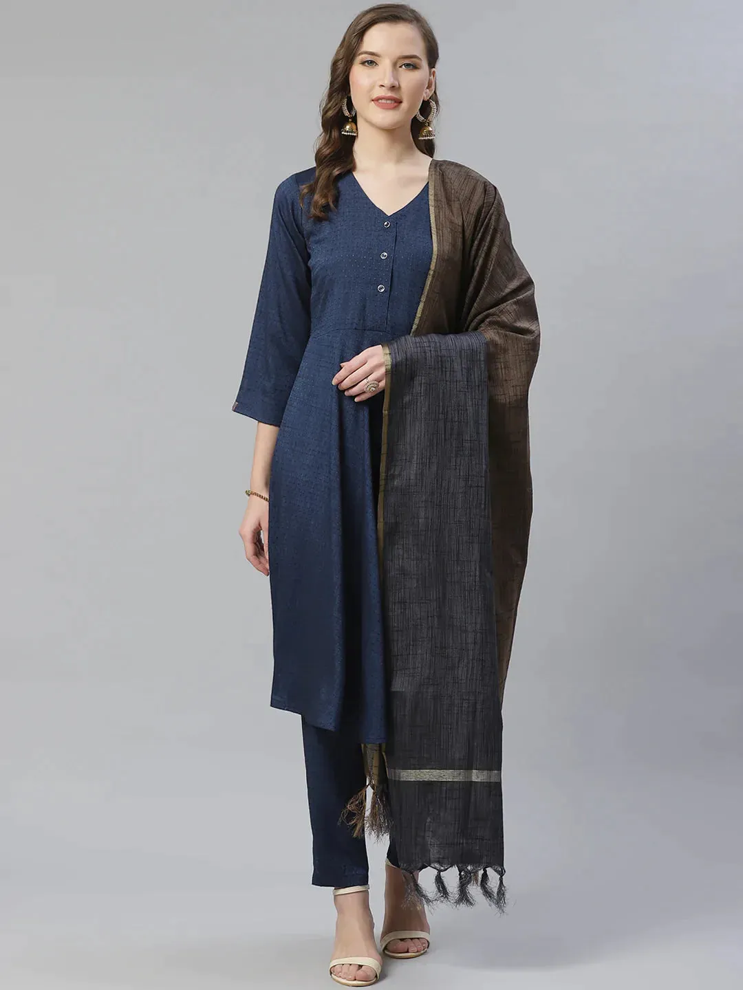 Women Navy Blue & Charcoal Grey Self Design Kurta With Trousers & Dupatta