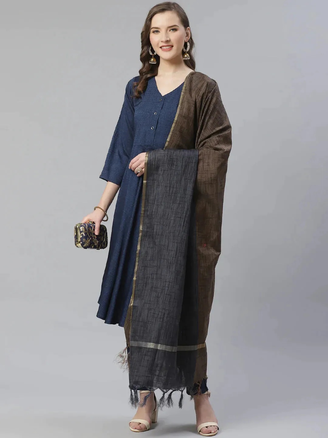 Women Navy Blue & Charcoal Grey Self Design Kurta With Trousers & Dupatta