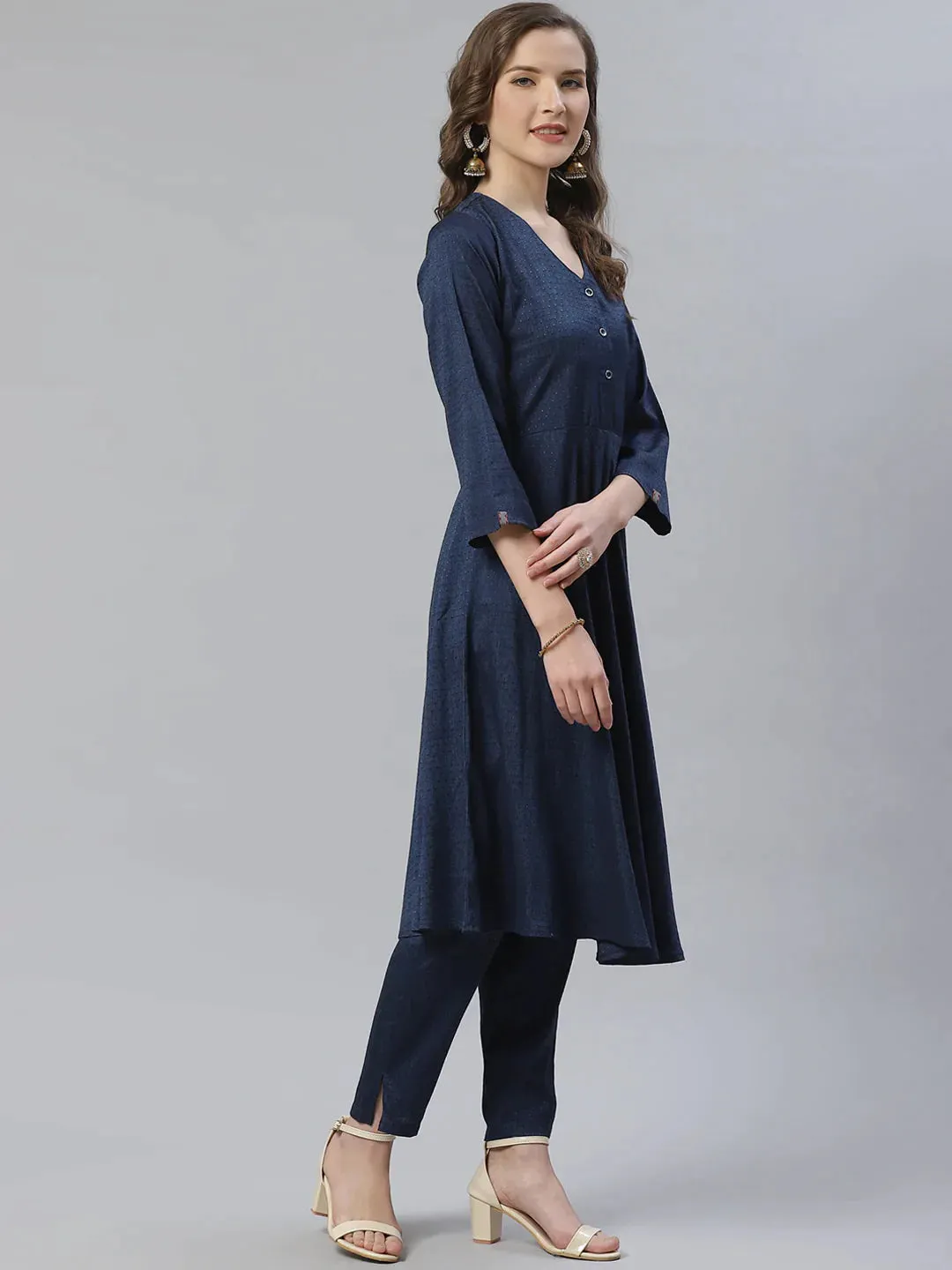 Women Navy Blue & Charcoal Grey Self Design Kurta With Trousers & Dupatta