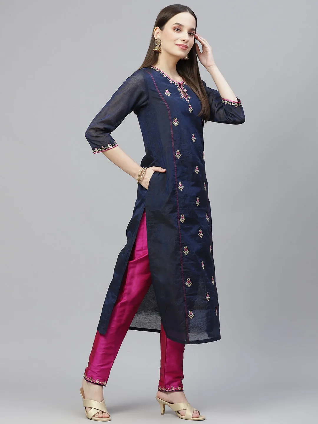 Women Navy Blue & Pink Ethnic Motifs Embroidered Regular Kurta With Trousers