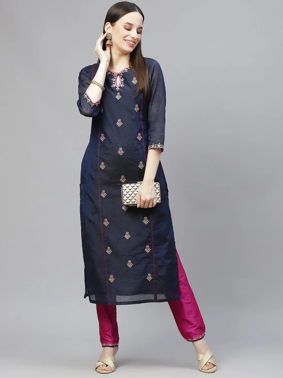 Women Navy Blue & Pink Ethnic Motifs Embroidered Regular Kurta With Trousers