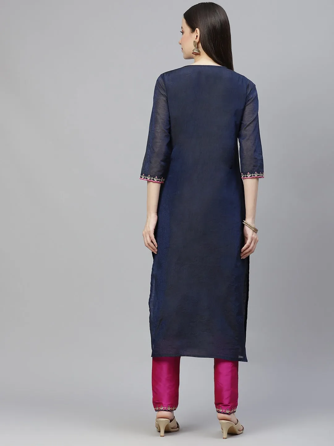 Women Navy Blue & Pink Ethnic Motifs Embroidered Regular Kurta With Trousers