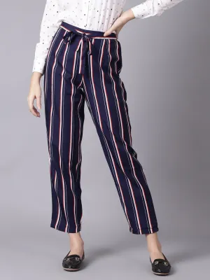 Women Navy Blue Striped Casual Crepe Trouser