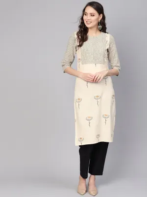 Women Off-White & Black Printed Kurta With Trousers