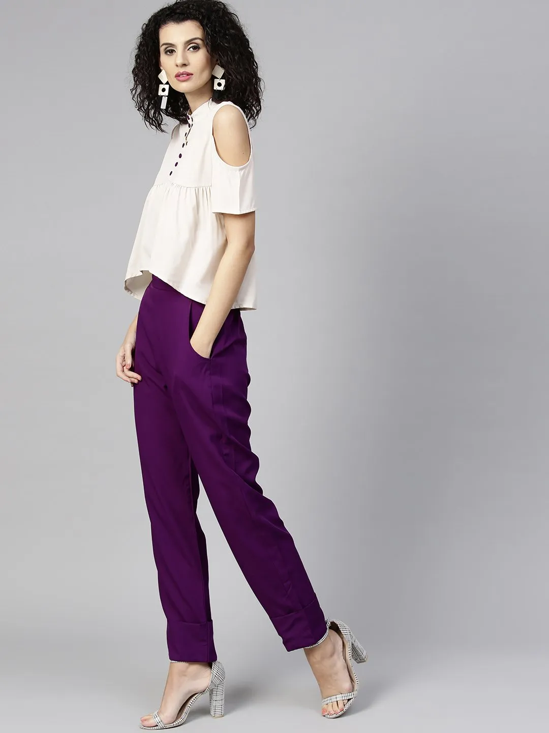 Women Off-White & Purple Solid Top With Trousers