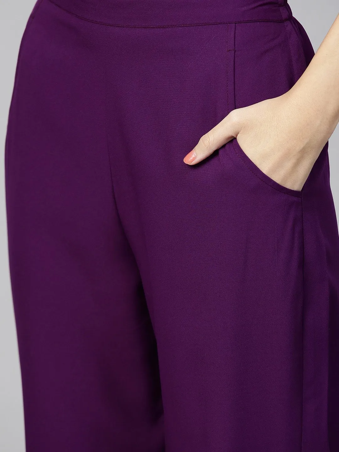 Women Off-White & Purple Solid Top With Trousers