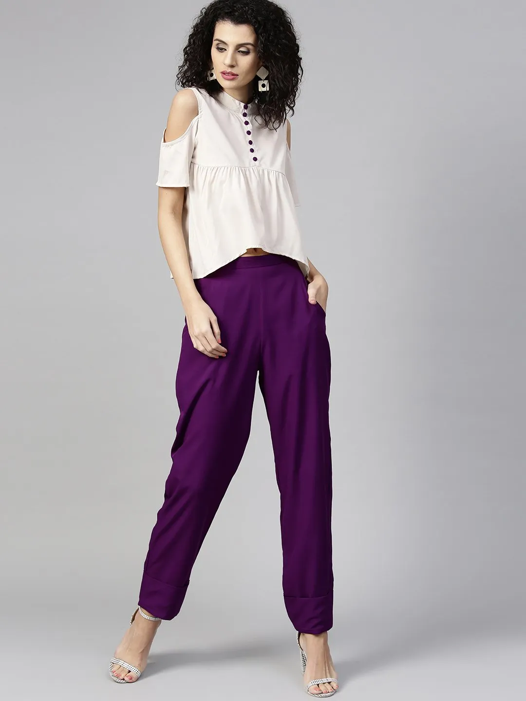 Women Off-White & Purple Solid Top With Trousers