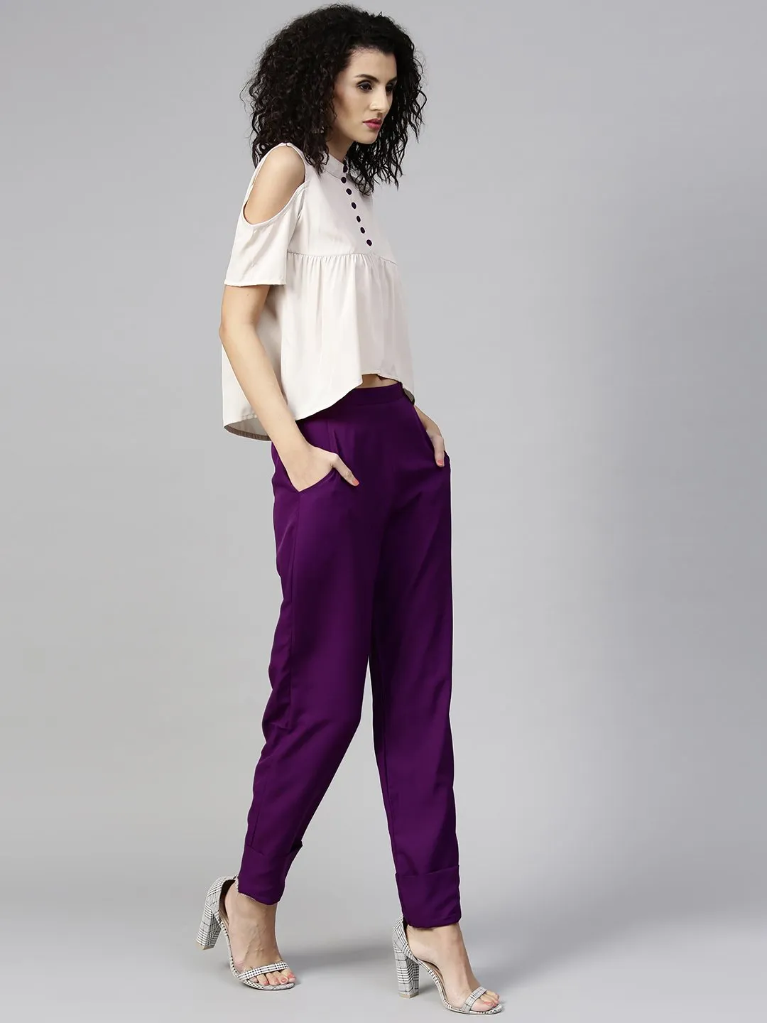 Women Off-White & Purple Solid Top With Trousers