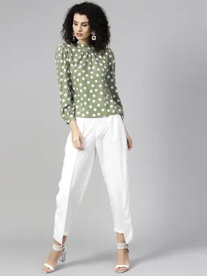 Women Olive Green & White Printed Top With Trousers