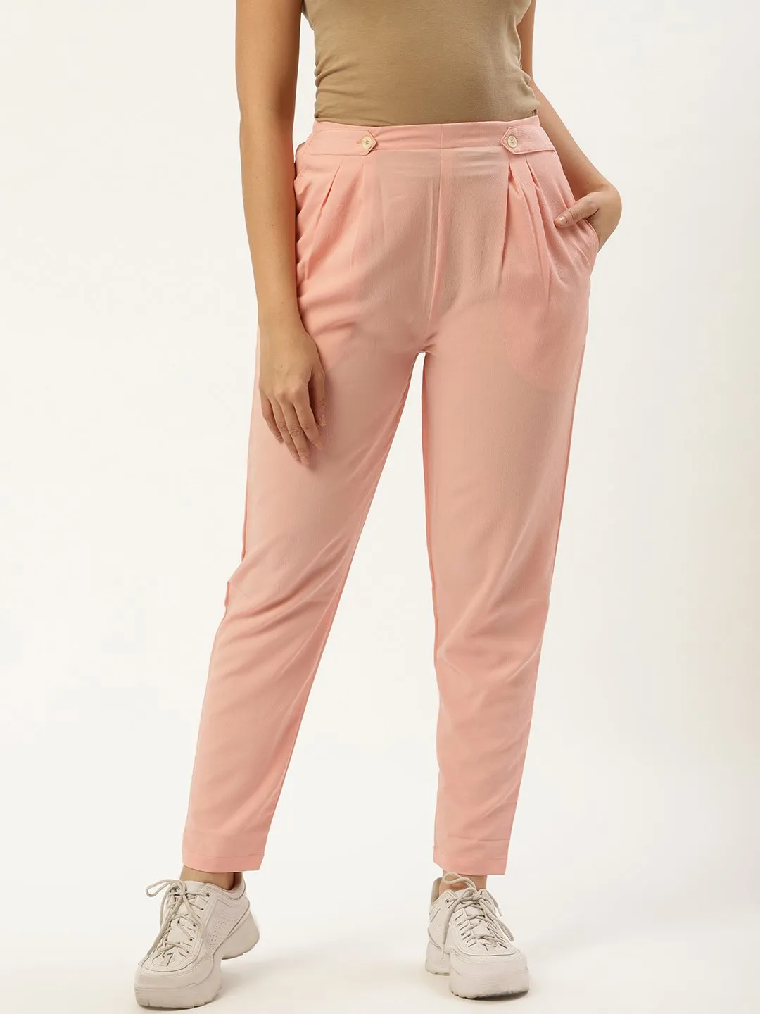 Women Pastel Pink Regular Texture Crepe Straigth Trouser Pant