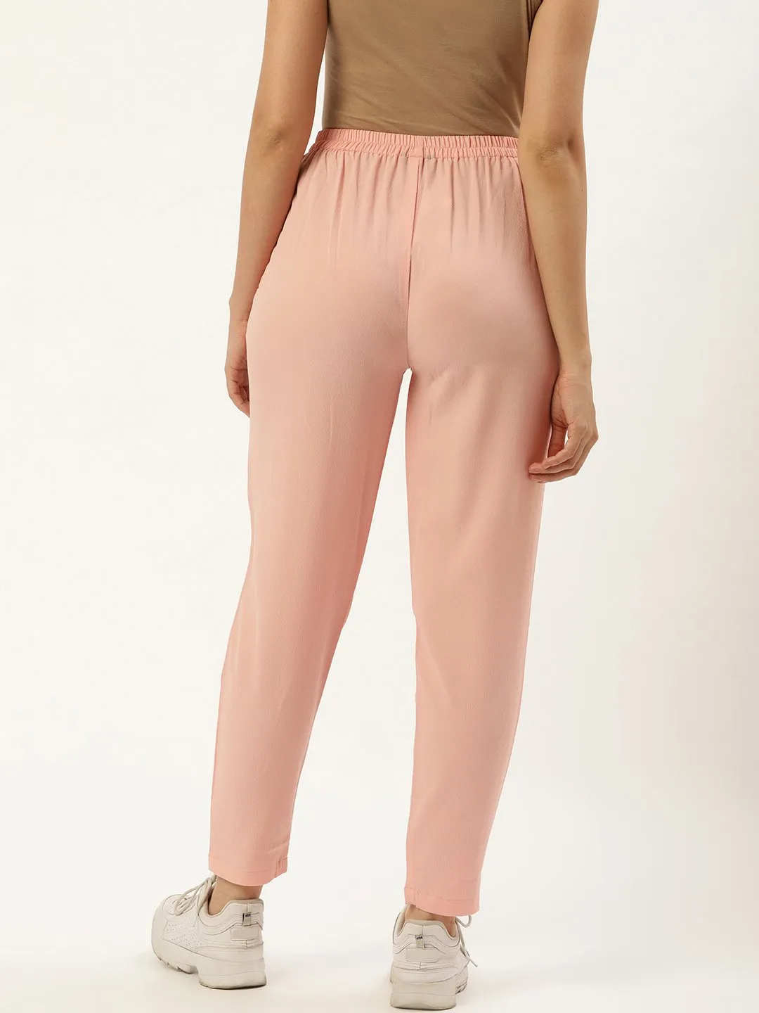 Women Pastel Pink Regular Texture Crepe Straigth Trouser Pant