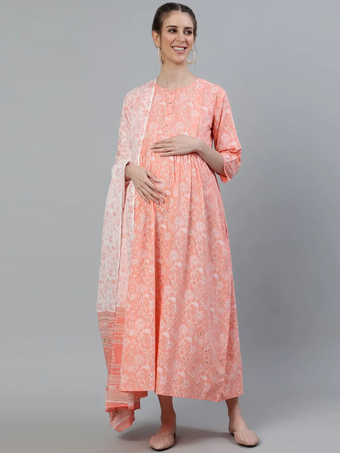 Women Peach & Gold Printed Maternity Dress With Three Quarter Sleeves & Dupatta