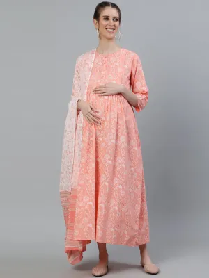 Women Peach & Gold Printed Maternity Dress With Three Quarter Sleeves & Dupatta