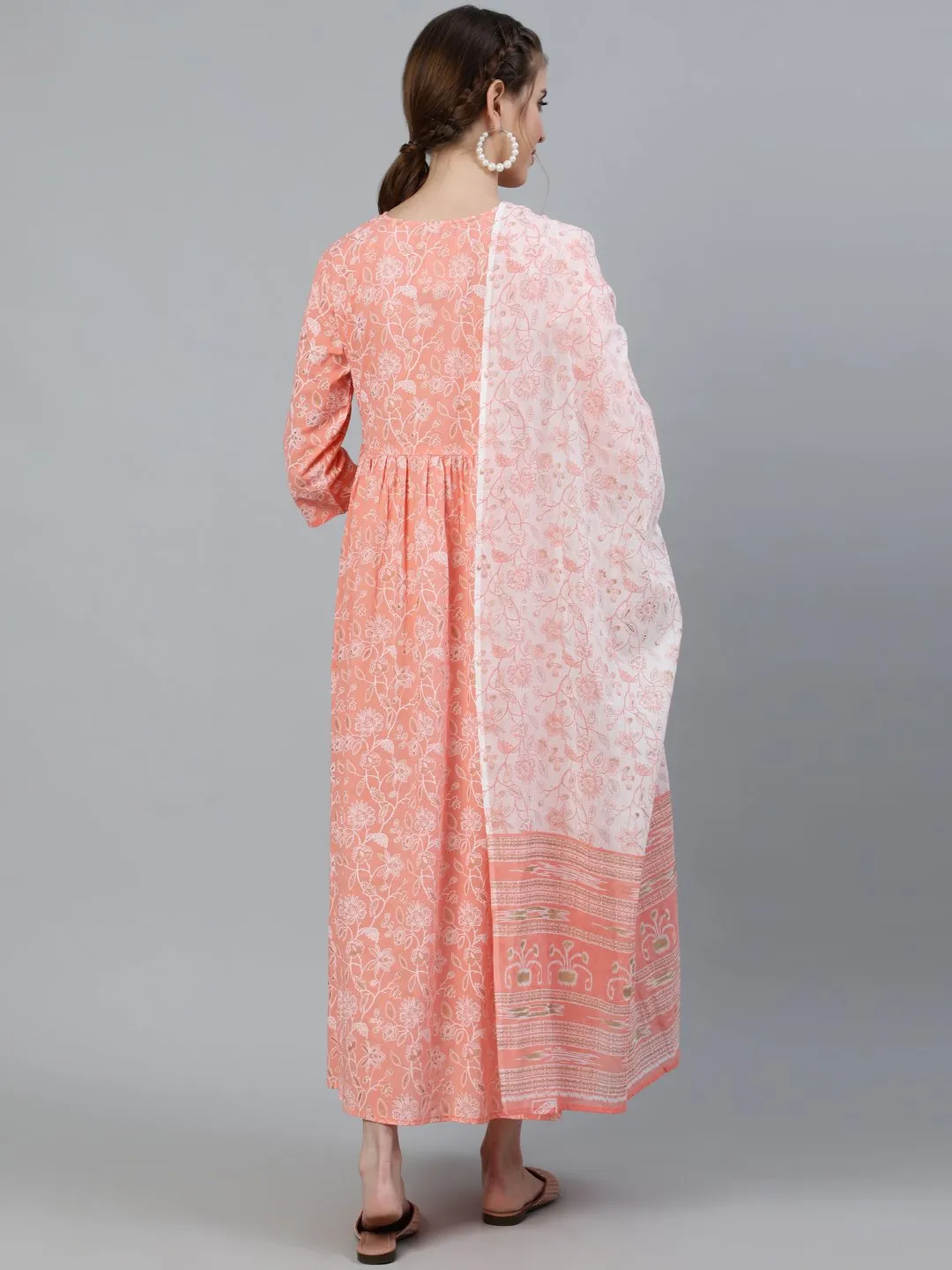 Women Peach & Gold Printed Maternity Dress With Three Quarter Sleeves & Dupatta