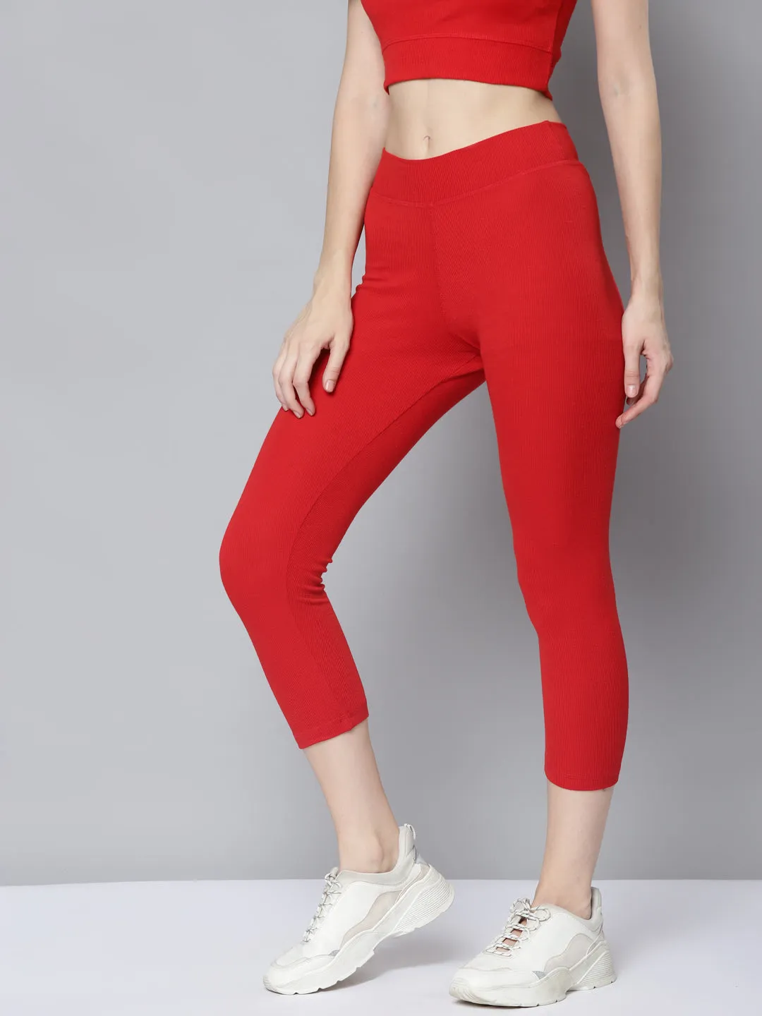 Women Red Rib Ankle Length Active Tights