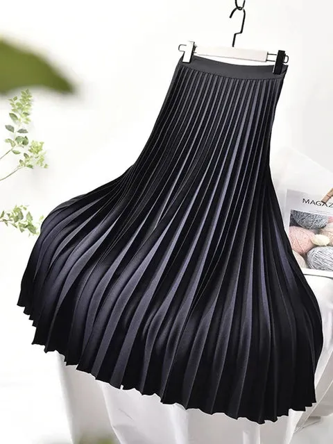 Women Spring Autumn Elegant Chic Solid Pleated Skirt High Waist Luxury Fashion With Elastic Female C-035