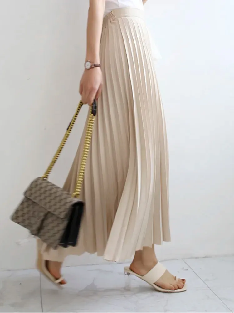 Women Spring Autumn Elegant Chic Solid Pleated Skirt High Waist Luxury Fashion With Elastic Female C-035