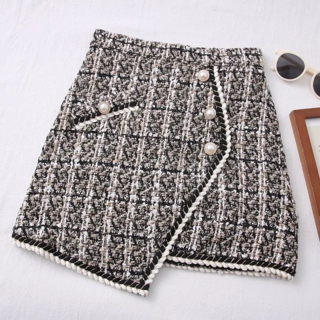 Women Tweed Skirts Solid High Waist Skirt Double Breasted Mini Skirt