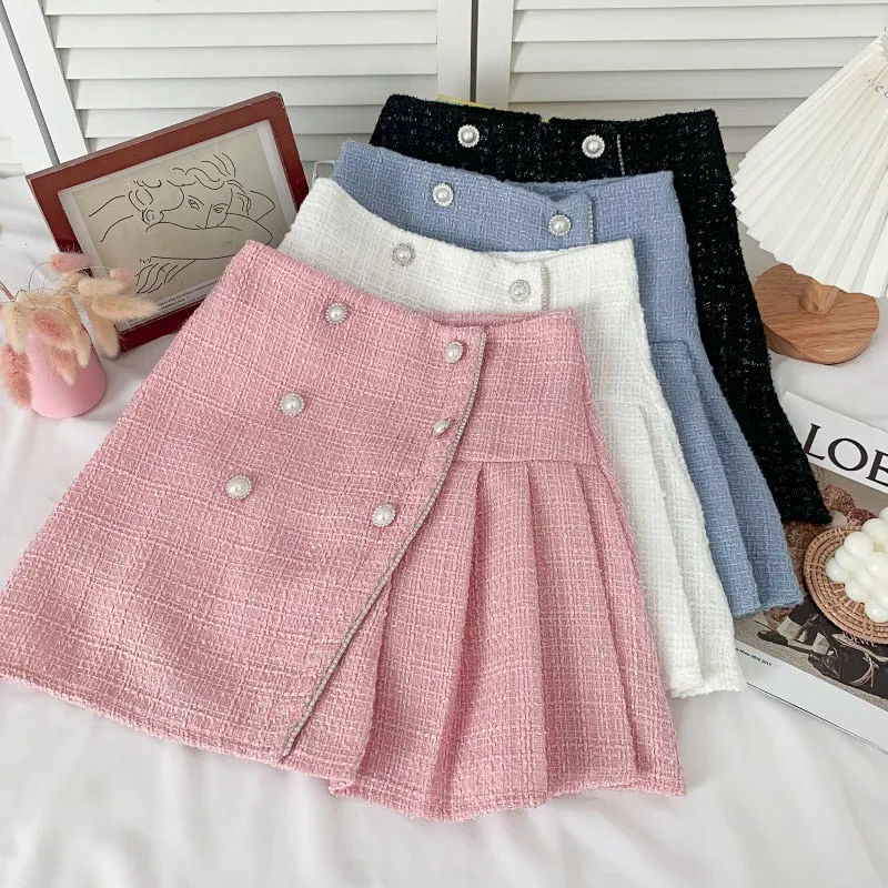 Women Tweed Skirts Solid High Waist Skirt Double Breasted Mini Skirt