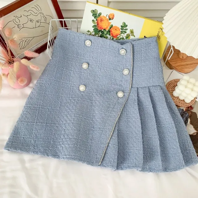 Women Tweed Skirts Solid High Waist Skirt Double Breasted Mini Skirt