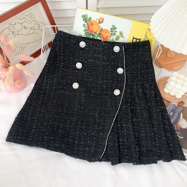 Women Tweed Skirts Solid High Waist Skirt Double Breasted Mini Skirt