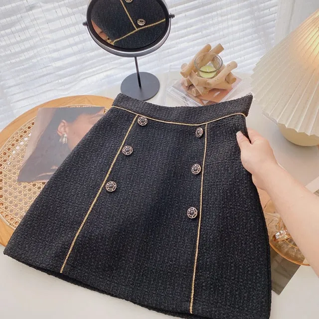 Women Tweed Skirts Solid High Waist Skirt Double Breasted Mini Skirt