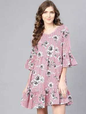 Women's Pink Stylish Bell Sleeve Cute Crepe Dress