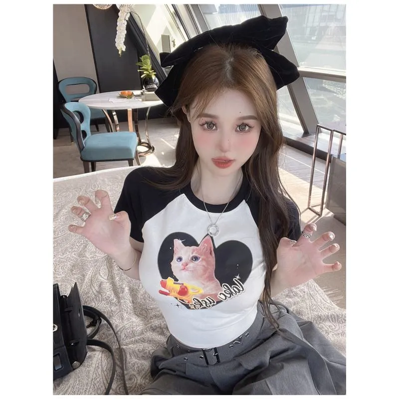 Women's T-Shirt Print Petite Kitty Patchwork Lycra Short Sleeve Tee