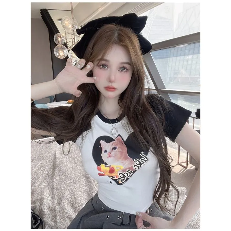 Women's T-Shirt Print Petite Kitty Patchwork Lycra Short Sleeve Tee