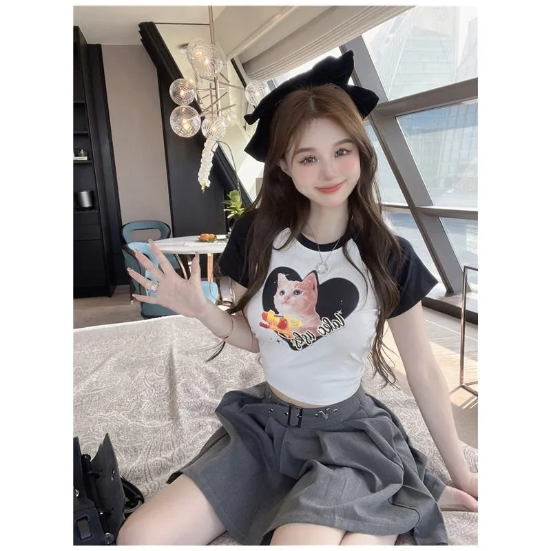 Women's T-Shirt Print Petite Kitty Patchwork Lycra Short Sleeve Tee