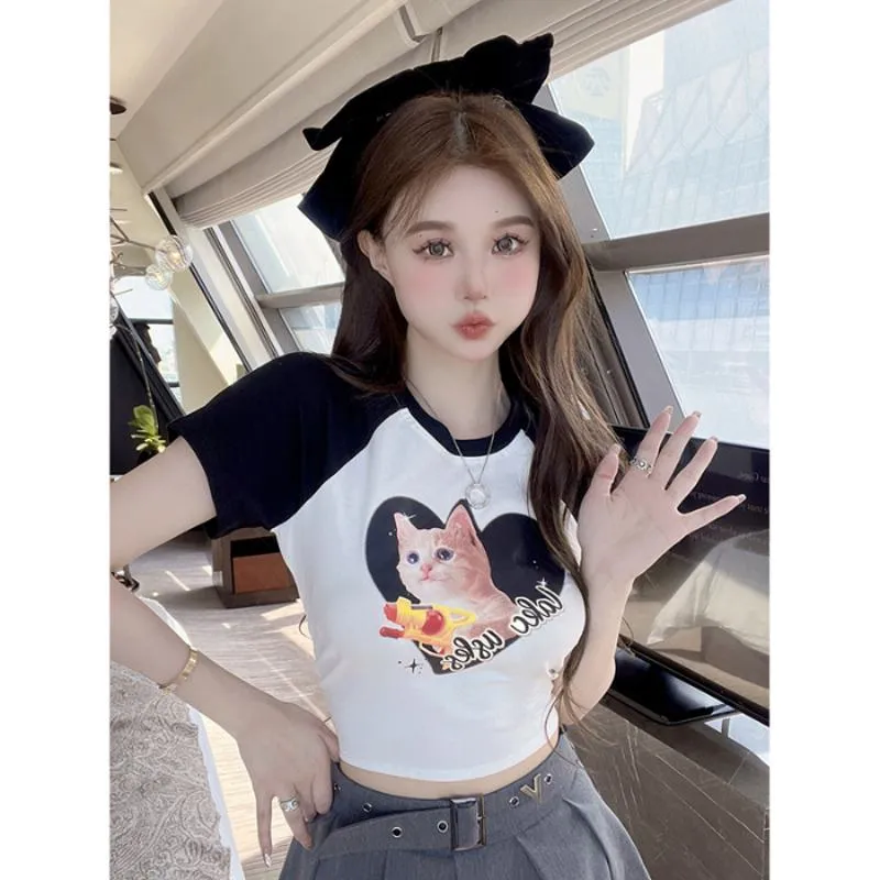 Women's T-Shirt Print Petite Kitty Patchwork Lycra Short Sleeve Tee