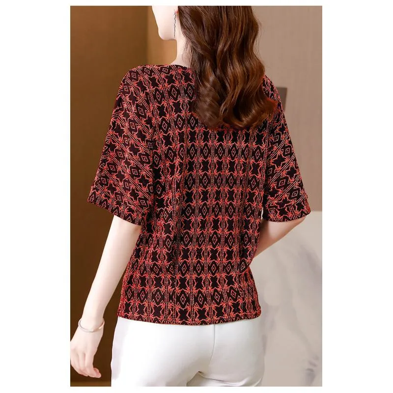 Women's T-Shirt Round Neck Pattern Soft Silky Short Sleeve Tee