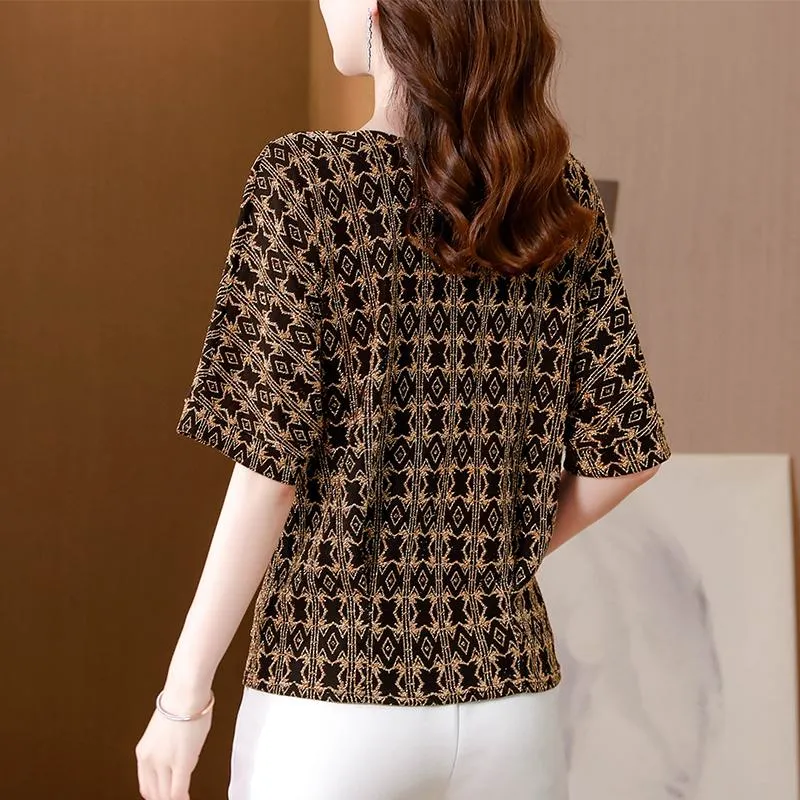 Women's T-Shirt Round Neck Pattern Soft Silky Short Sleeve Tee