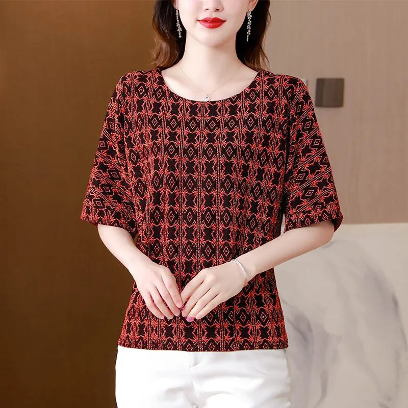 Women's T-Shirt Round Neck Pattern Soft Silky Short Sleeve Tee