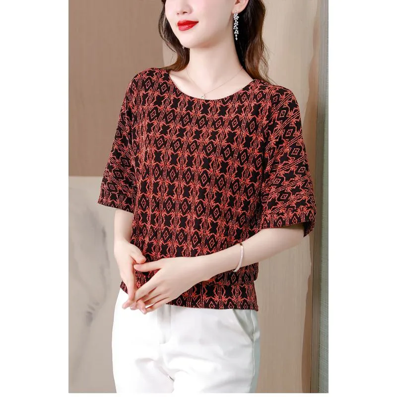 Women's T-Shirt Round Neck Pattern Soft Silky Short Sleeve Tee