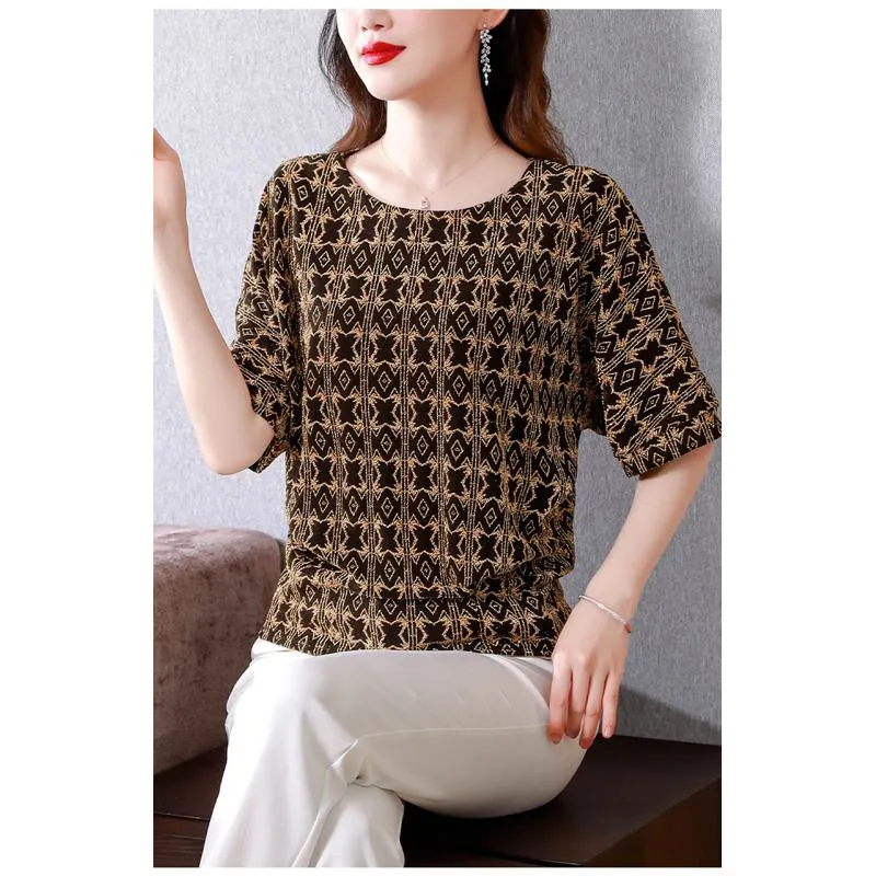 Women's T-Shirt Round Neck Pattern Soft Silky Short Sleeve Tee