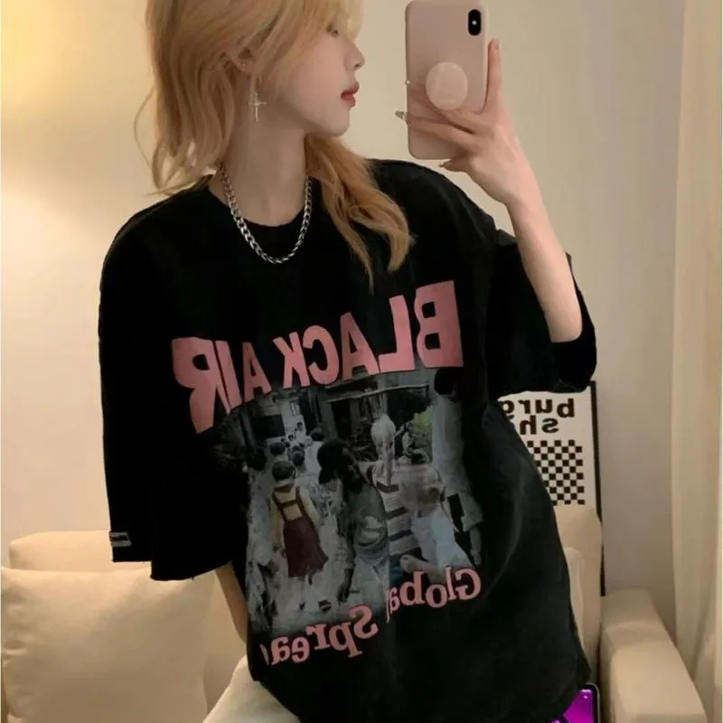 Women's T-Shirts Black Midi Print Lazy Letter Short Sleeve Tee