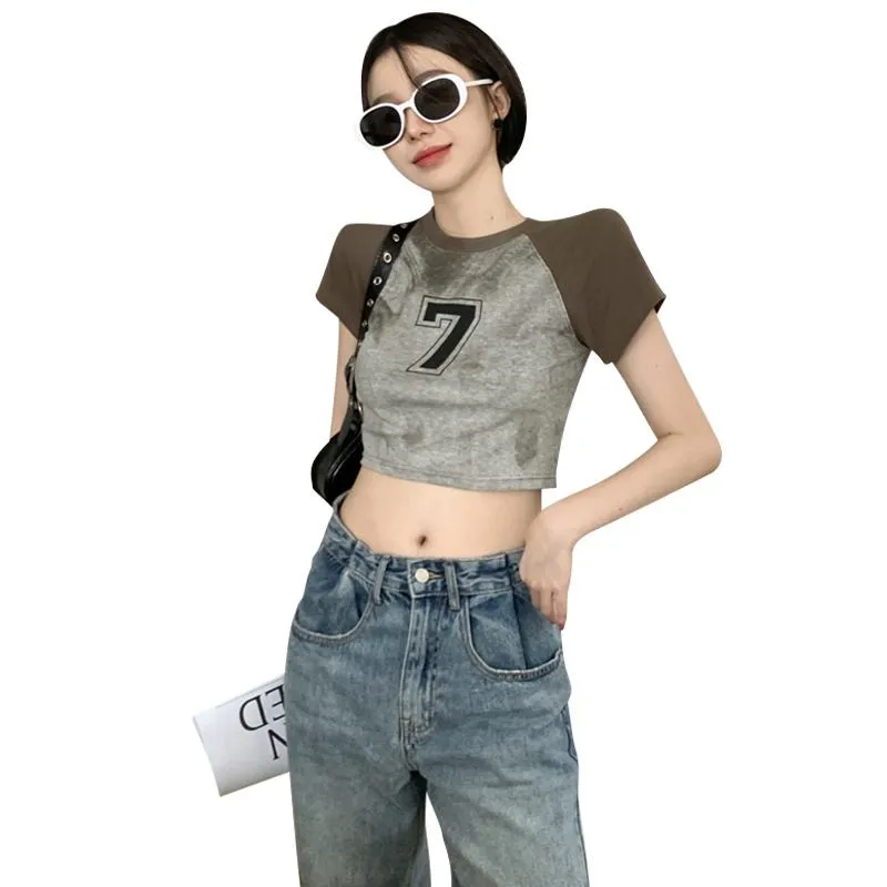 Women's T-Shirts Cropped Retro Lycra Short Sleeve Tee