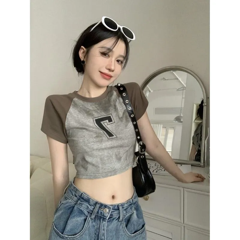 Women's T-Shirts Cropped Retro Lycra Short Sleeve Tee