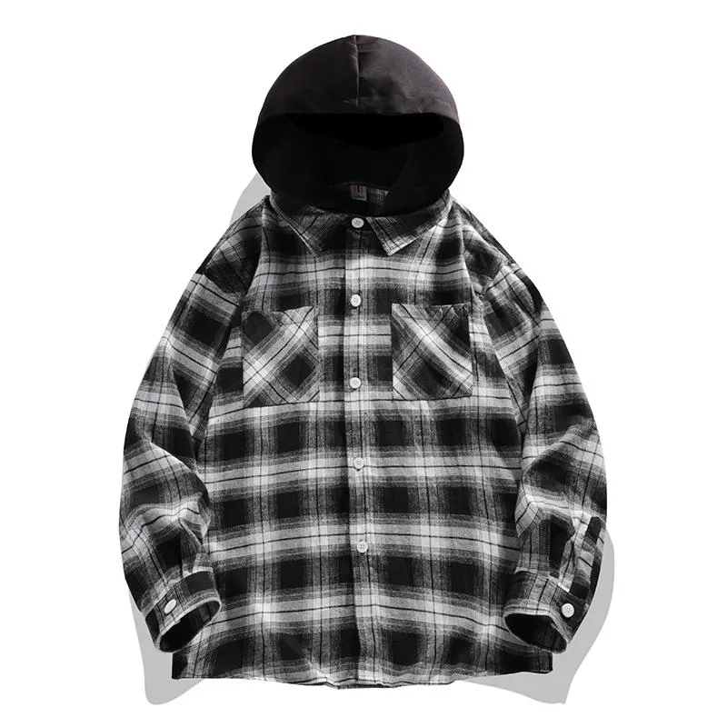 Workwear Plaid Hooded Casual Trendy Long Sleeve Shirt