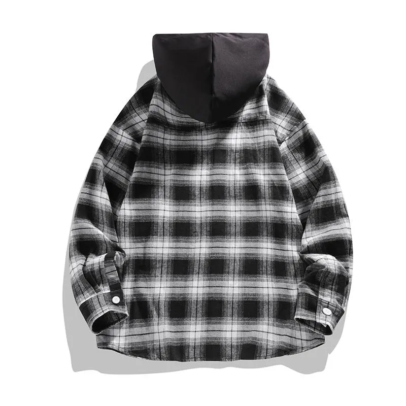 Workwear Plaid Hooded Casual Trendy Long Sleeve Shirt