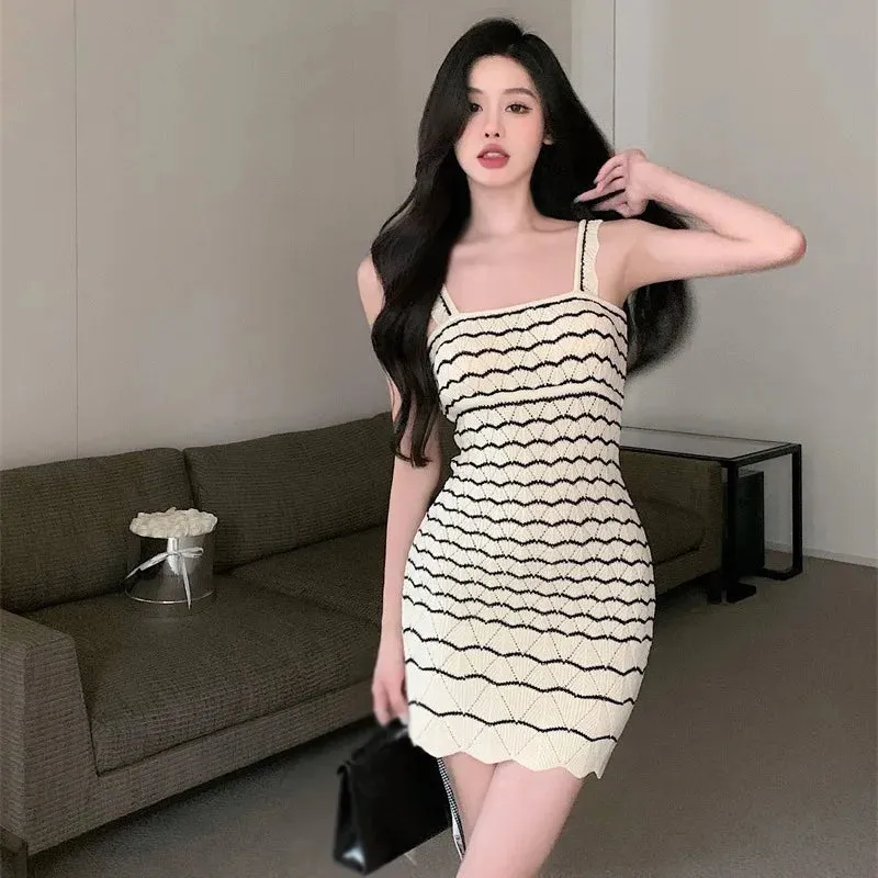 Wrap Stripe Sleeveless Hip Neck Fit Knitted Slim Square Sexy Summer Dress