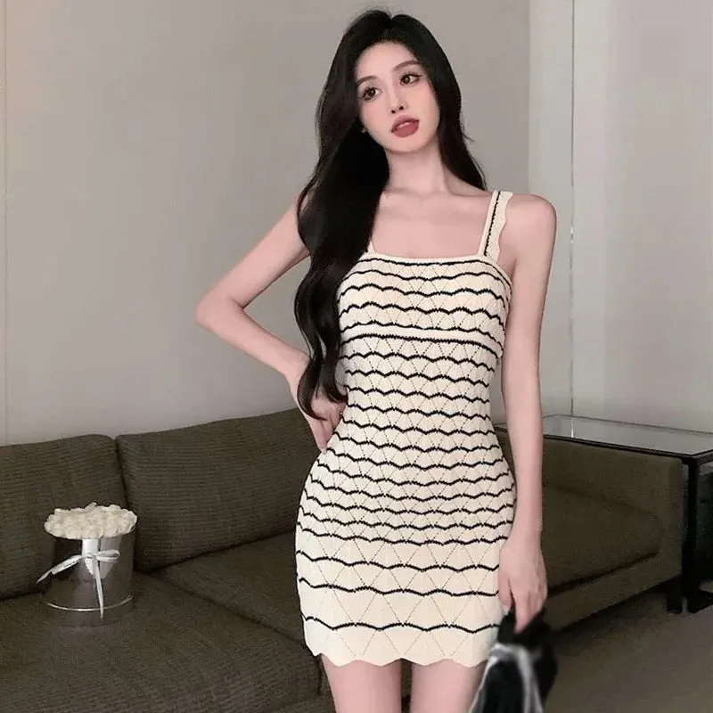 Wrap Stripe Sleeveless Hip Neck Fit Knitted Slim Square Sexy Summer Dress