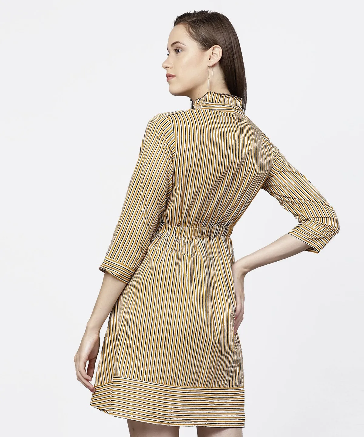 Yellow 3/4Th Sleeve Striped Cotton Dress