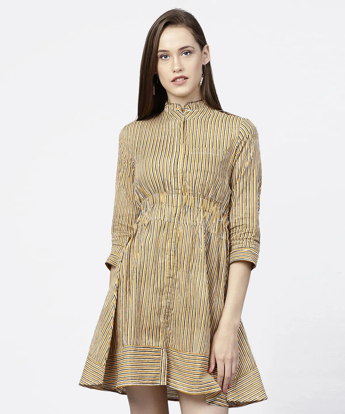 Yellow 3/4Th Sleeve Striped Cotton Dress