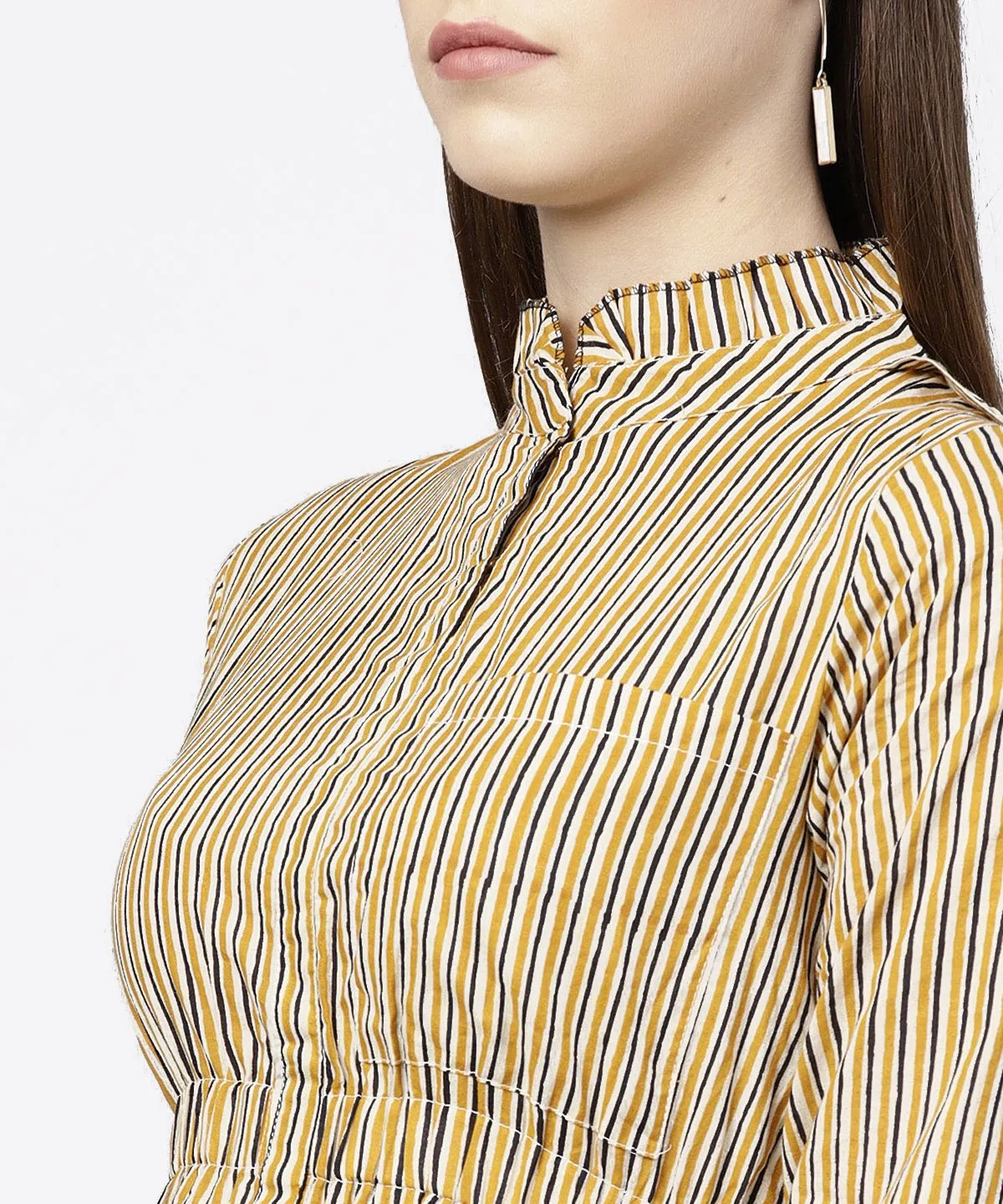 Yellow 3/4Th Sleeve Striped Cotton Dress